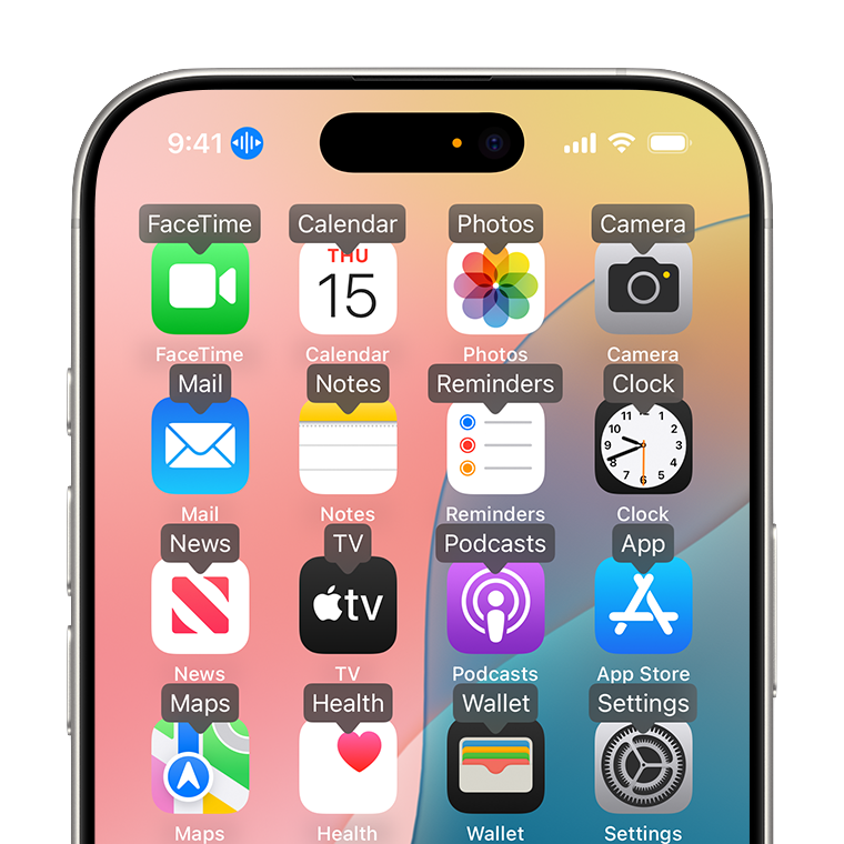 iPhone home screen displaying Voice Control’s ‘Show names’ overlay. Each app icon is labeled so that the user understands speaking ‘Tap Clock’ will launch the Clock app.