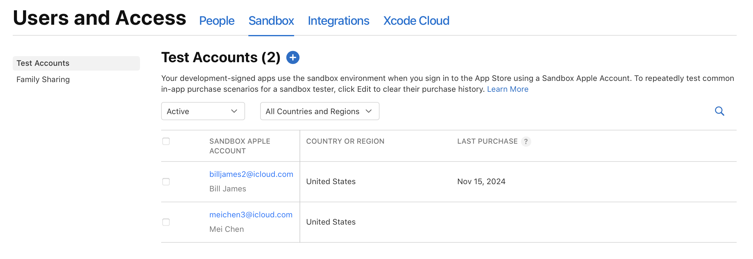 「テストアカウント」ページに既存のSandboxアカウントが2個表示されており、「テストアカウント」ヘッダーの横には追加アイコン(+)があります。