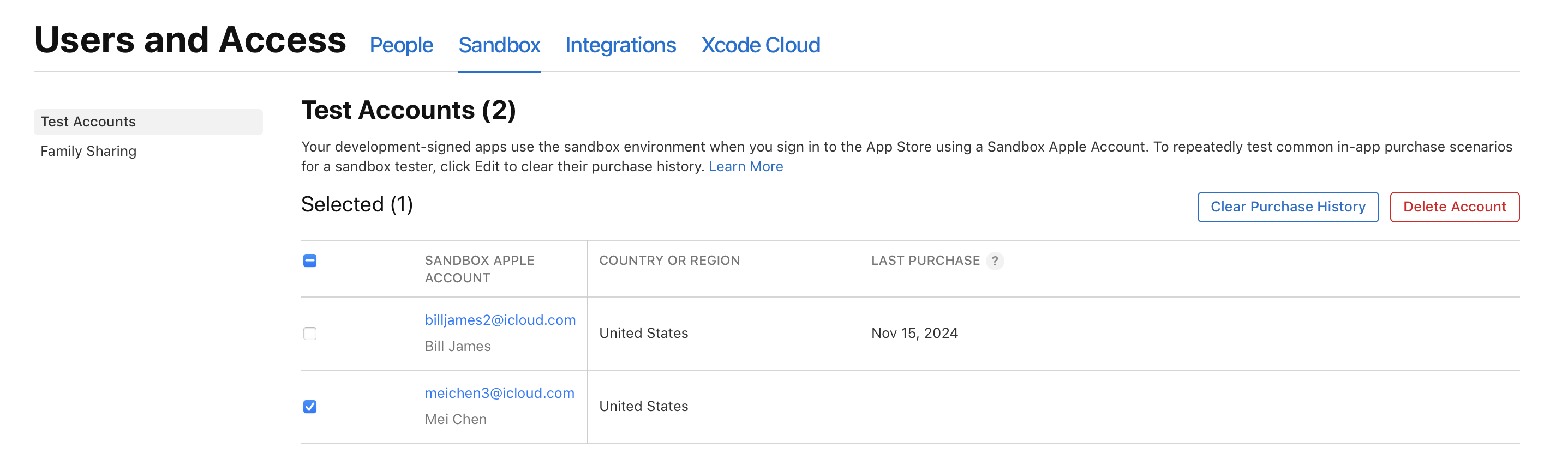 「テストアカウント」ページで1つのSandboxアカウントにチェックが入っており、右上隅に「アカウントを削除」ボタンが表示されています。