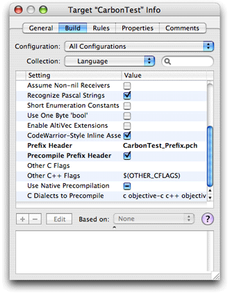Some GCC build settings in an inspector window